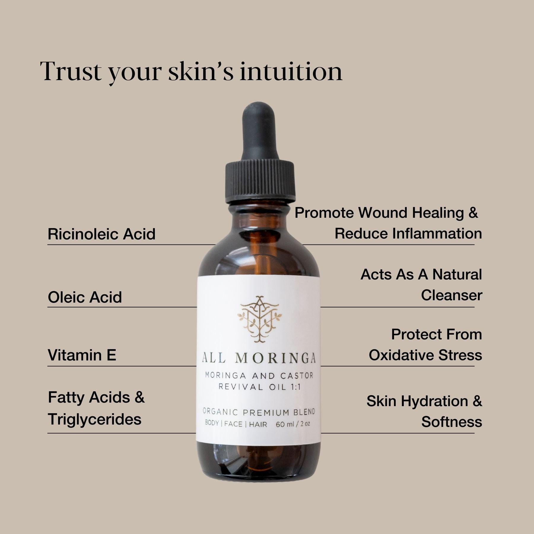 Premium Moringa & Castor Revival Oil with Vitamin E Cold Pressed Organic for Face, Body and Hair 2 oz - House of Diffusion